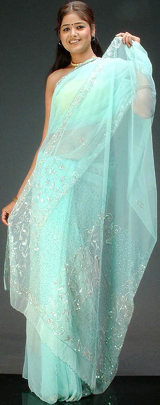 Pistachio Colored Net Sari with Beads and Sequins