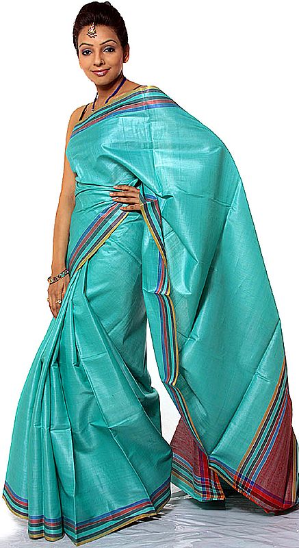 Plain Aqua Hand-woven Garad Sari from Bengal