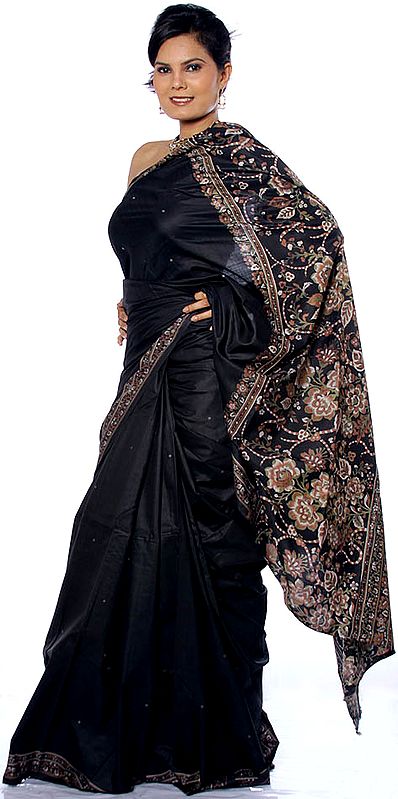 Plain Black Sari from Kolkata with Floral Print