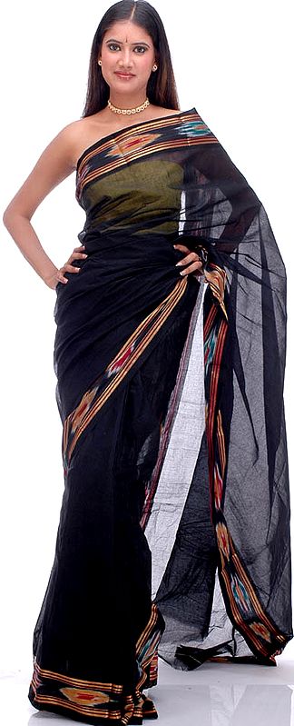Plain Black Sari with Ikat Border