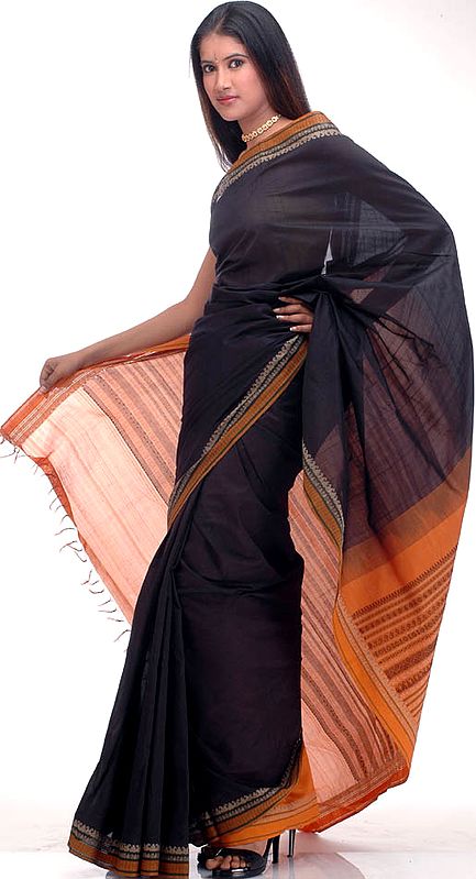 Plain Black Sari with Orange Border and Pallu