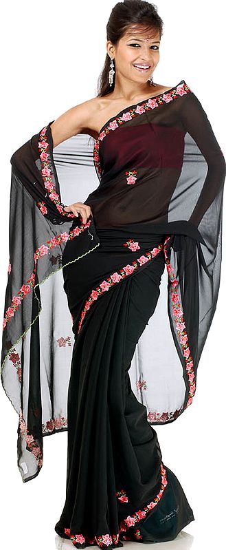 Plain Black Sari with Persian Embroidered Flowers on Border