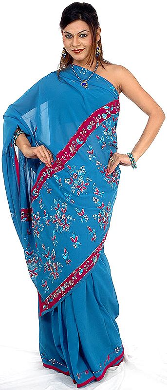 Plain Blue Sari with Embroidered Sequins and Purple Border