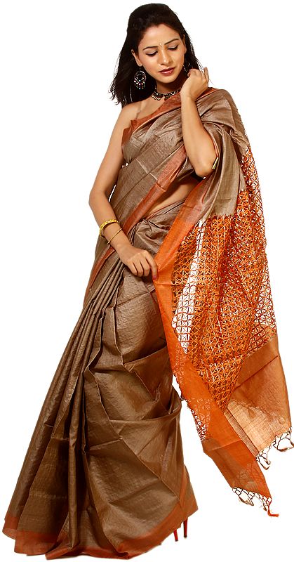 Plain Brown Kosa Silk Sari from Jharkhand with Woven Jhalar on Aanchal