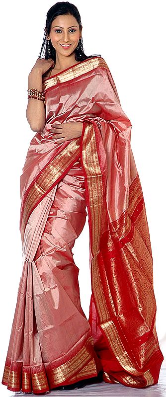 Plain Dark-Salmon Bangalore Silk Sari with Golden Thread Weave