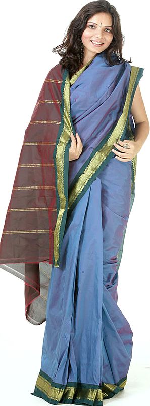 Plain Dodger-Blue and Brown Sari with Golden Thread Weave on Border
