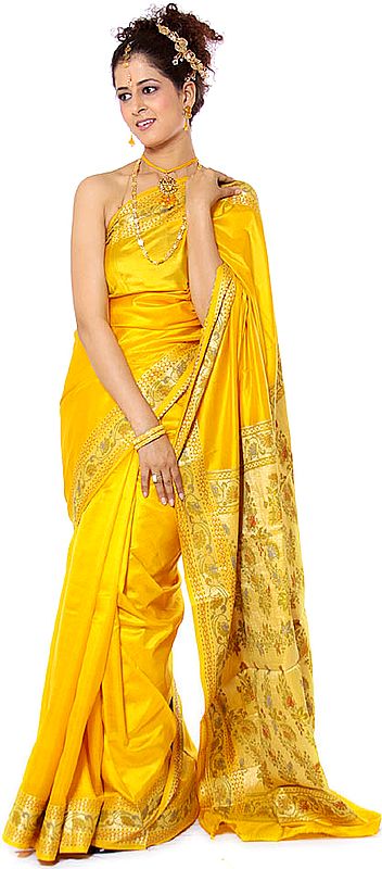 Plain Golden Valkalam Sari Woven by Hand with Floral Brocade on Border and Anchal