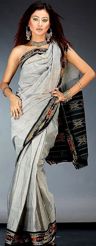 Plain Gray Ikat Sari from Pochampally