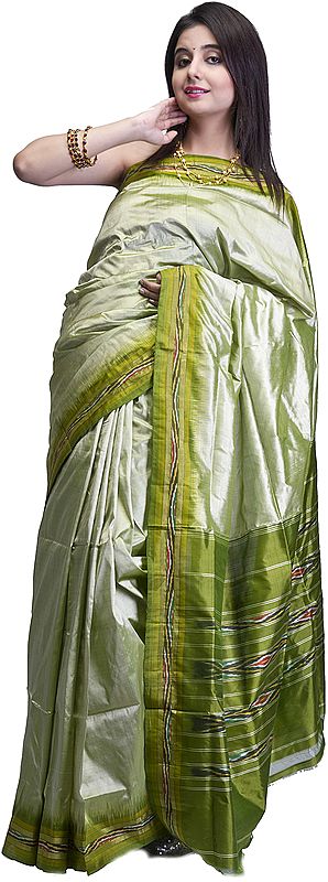 Plain Green Ikat Sari Hand-Woven in Pochampally