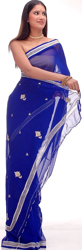 Plain Indigo Sari with Thread Work