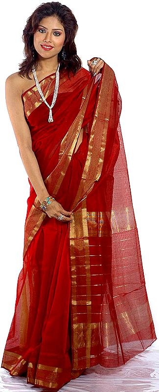 Plain Maroon South-Cotton Sari with Golden Thread Weave
