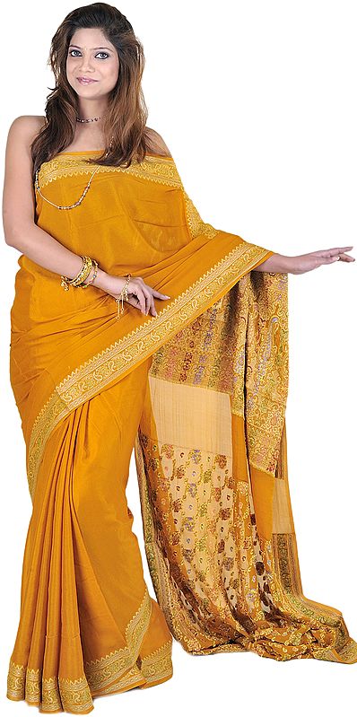 Plain Mustard Banarasi Sari with Paisley boder and Brocaded Aanchal