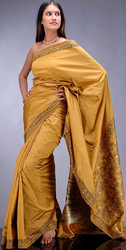 Plain Mustard Sari with Jacquard Weave