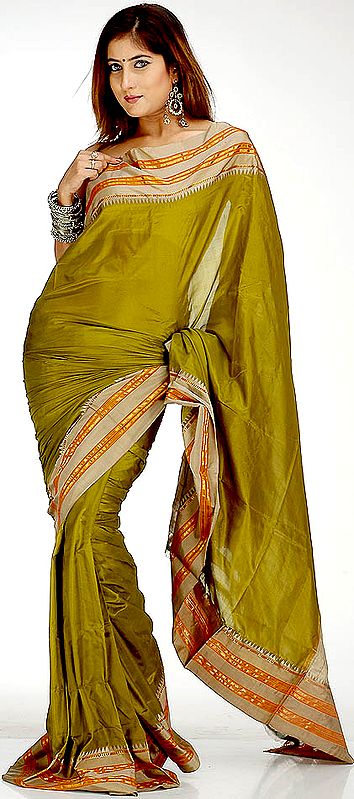 Plain Olive Narayanpet Sari