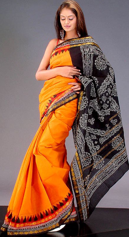 Plain Orange Sari with Printed Pallu and Temple Border
