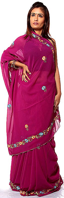 Plain Purple Sari with Parsi Embroidered Flowers on Border