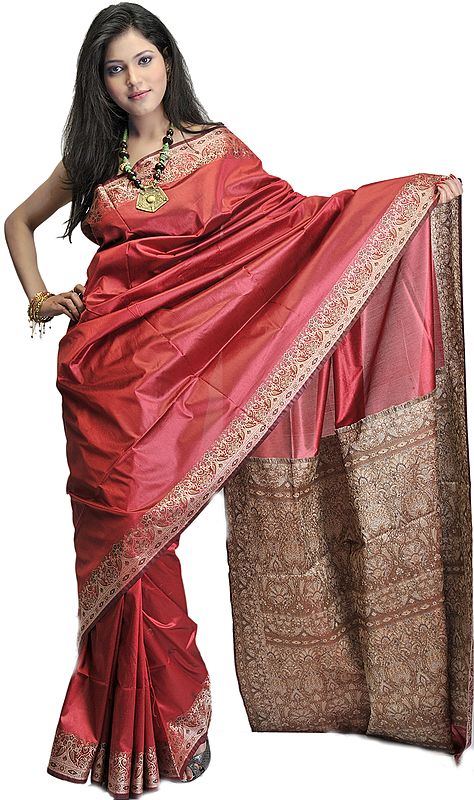 Plain Red Banarasi Sari with Jacquard Weave on Anchal