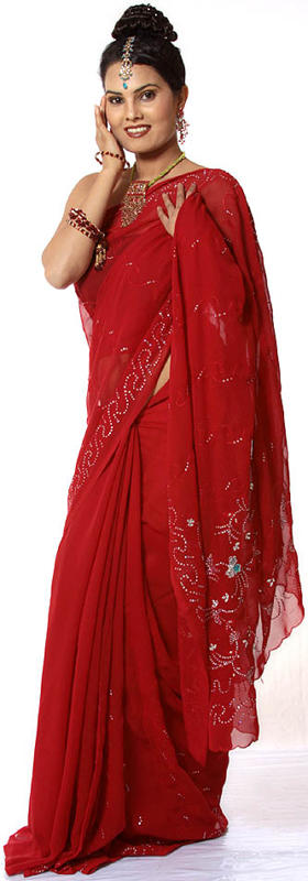 Plain Red Sari with Sequins Embroidered on Border and Anchal