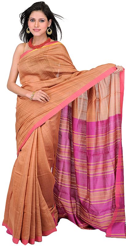 Plain Rose-Dawn Sari from Jharkhand with Hand Woven Border and Anchal
