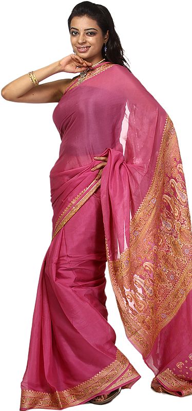 Plain Rose-Pink Hand-woven Sari from Banaras with Paisley Border and Brocaded Aanchal