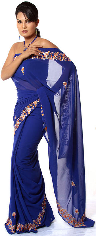 Plain Royal-Blue Sari with Parsi Embroidered Flowers on Border