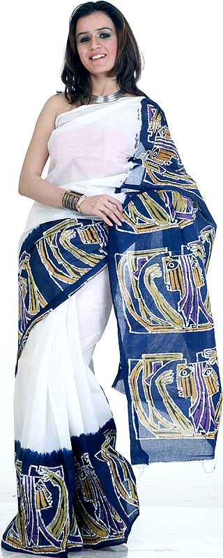 Plain White Sari with Designer Batik Pallu and Border