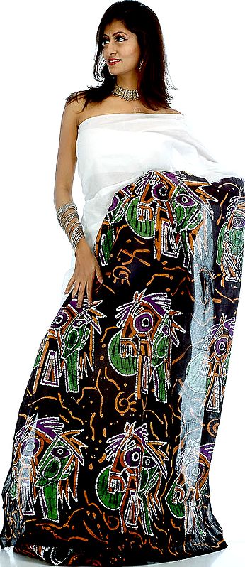 Plain White Sari with Designer Batik Pallu and Border