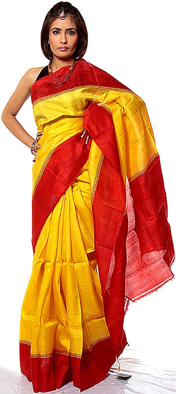 Plain Yellow and Red Hand-woven Puja Sari from Bengal