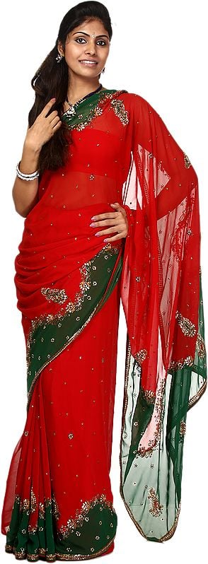 Pompeian-Red and Green Designer Saree with Embroidered Beads and Crystals