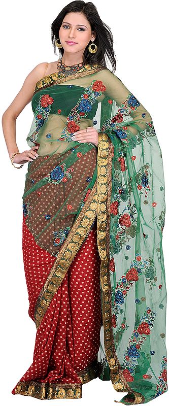 Pompeian-Red and Green Wedding sari with Embroidered Flowers