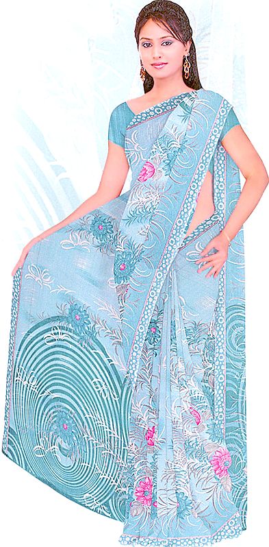 Pool-Green Sari with Large Printed Sprial and Floral Embroidery