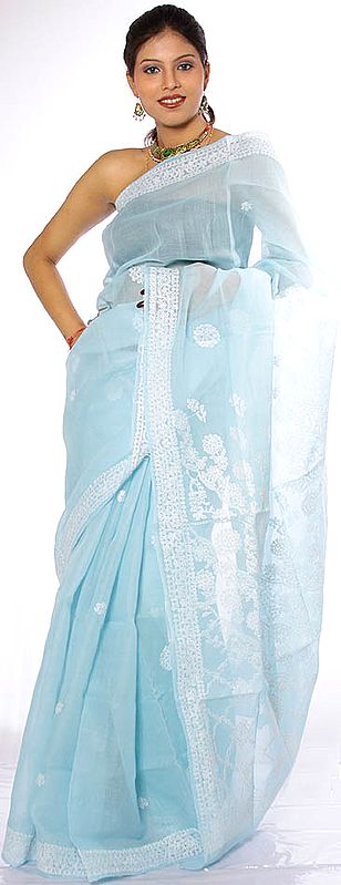 Powder-Blue Kantha Embroidered Sari from Bengal