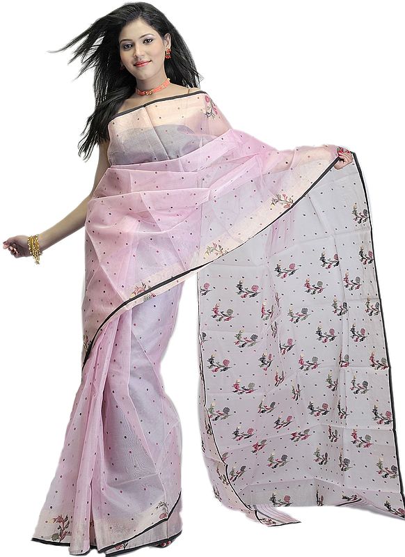 Powder-Pink Chanderi Sari with Woven Bootis and Floral Anchal