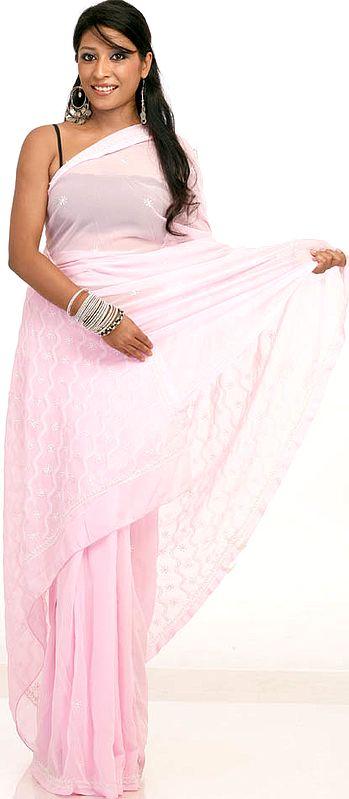 Powder-Pink Sari with All-Over Lukhnavi Chikan Embroidery