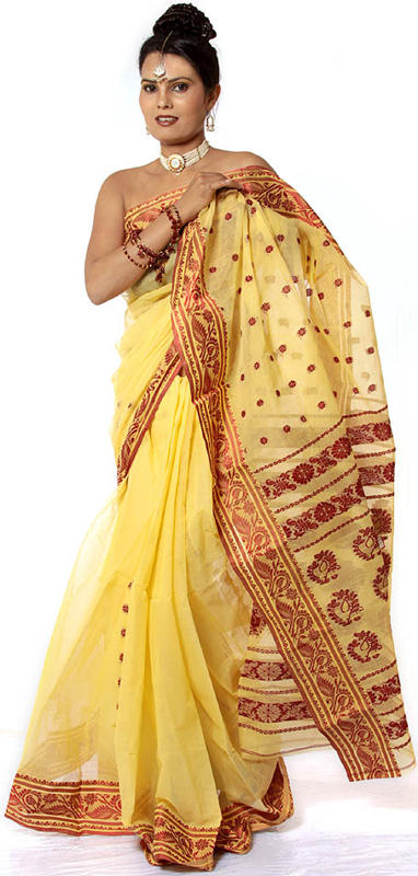Powder-Yellow Tengail Sari from Kolkata with Woven Bootis