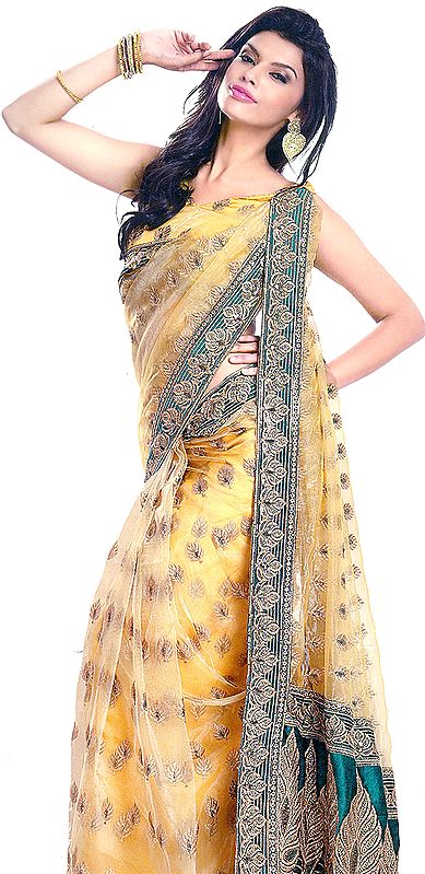 Powder-Yellow Wedding Sari with Aari Embroidered Paisleys and Sequins