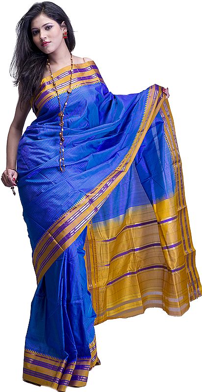 Princess-Blue Narayanpet Sari with Fine Checks