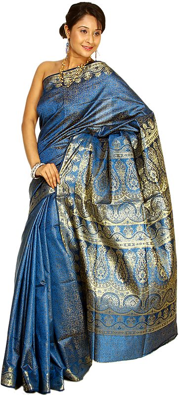 Princess-Blue Sari from Banaras with Tanchoi Weave All-Over and Brocaded Aanchal