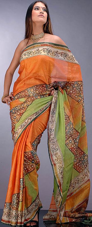Printed Chiffon Sari with Golden Thread Weave