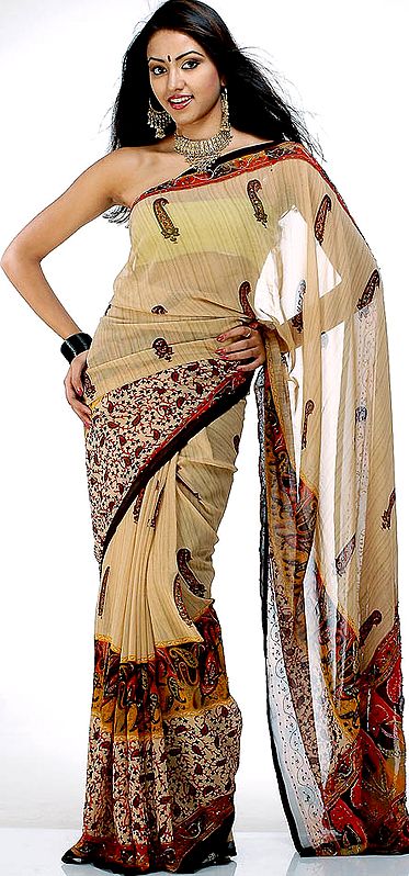 Printed Crepe Sari with Kantha Stitch and Beadwork