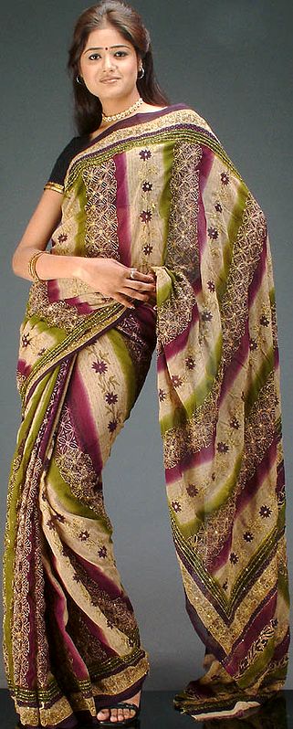 Printed Crepe Sari with Kantha Stitch