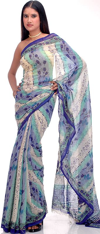 Printed Crepe Sari with Kantha Stitch