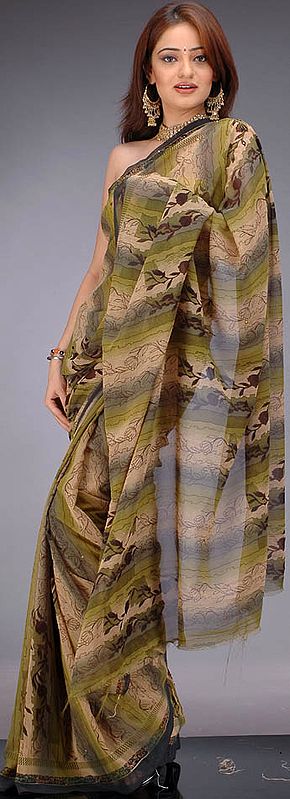 Printed Crepe Sari with Kantha Stitch