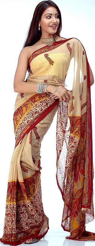 Printed Crepe Sari with Sequins and Beadwork