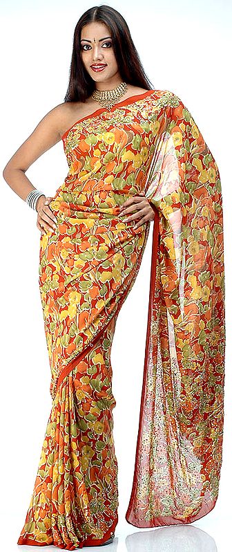 Printed Crepe Sari with Sequins