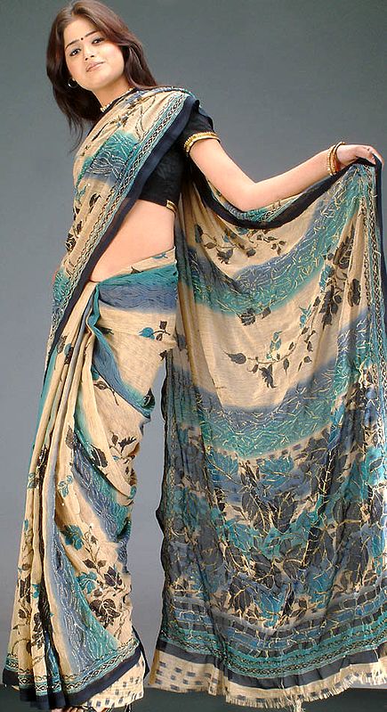 Printed Crepe Sari with Thread work and Sequins