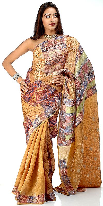 Printed Goldenrod Crush Sari with Thread Weave