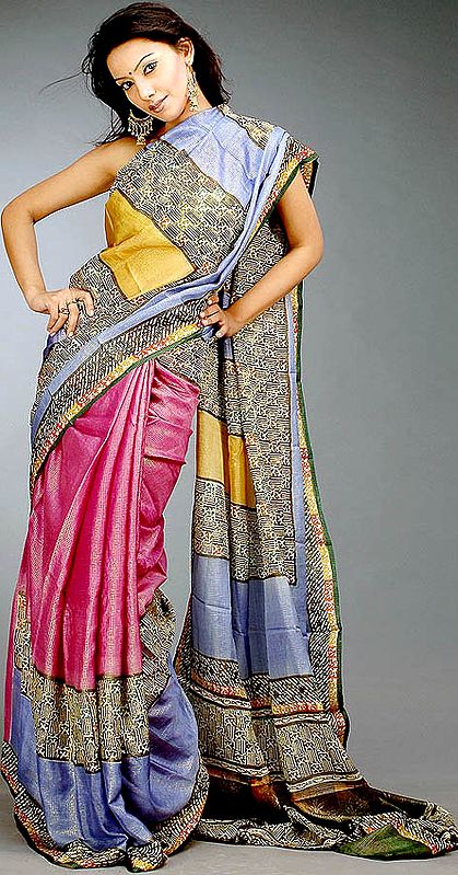 Printed Multi-Color Crush Sari with Thread Weave