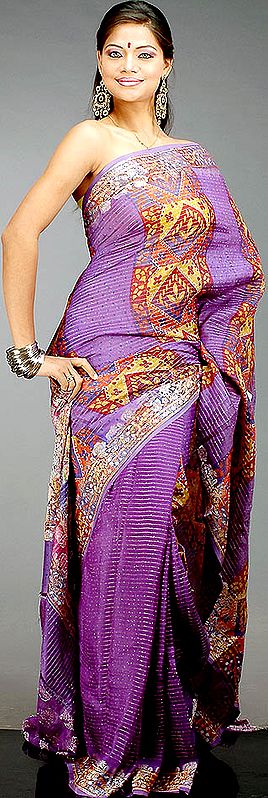 Printed Multi-Color Purple Sari with Thread Weave