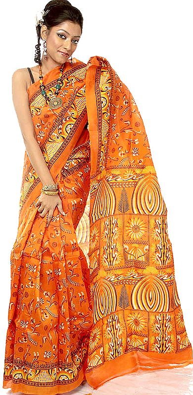 Printed Orange Sari from Kolkata